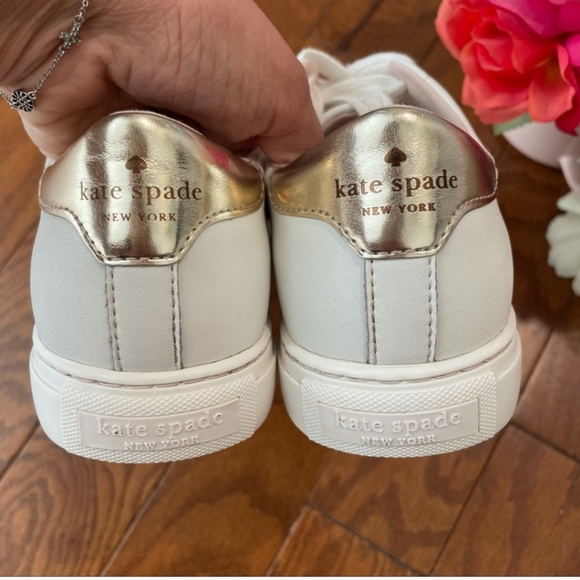 Kate Spade Logo Spade White & Gold Metallic Sneakers 6 - Picture 2 of 7